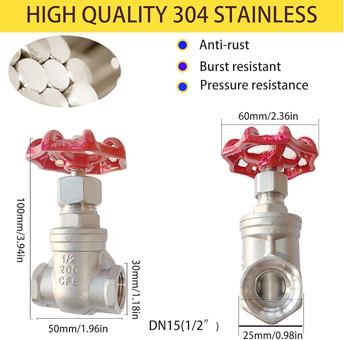 304 Stainless Steel Gate Valve,1/2" NPT Stainless Steel Female Threaded Rotary globe valve for water flow switches, fuel water vapor, air switches, for sump pumps and air compressors DN15