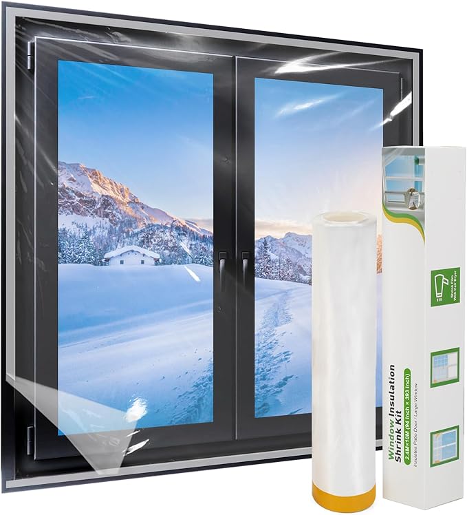Window Insulation Kit for Winter, Plastic Window Covering 94 Inch Wide × 393 Inch Length with Double-Sided Tape, Insulates Patio Doors & Large Windows Winterizing, 1 Roll Clear