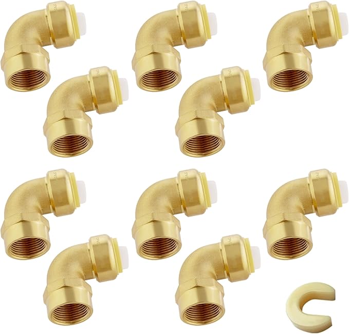 Push-fit Female Elbow,1/2" x 1/2" FNPT Female Threaded Elbow with Disconnect Clip, Push Fittings for Copper, PE-RT, CPVC Pipe(Pack of 10)(PF161)