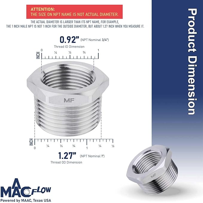 MAACFLOW Stainless Steel 1" Male NPT to 3/4" Female NPT Adapter Reducer Hex Bushing (Thread OD1.27" - ID 0.92") (pack of 2)