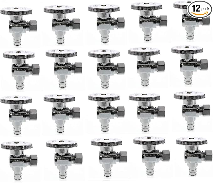 EZ-Fluid (20-Packs) 3/8" OD Comp x 1/2" PEX 1/4-Turn Chrome Brass Angle Stop Valve Water Shut Off Ball Valve LF Barb Crimp Ring Type