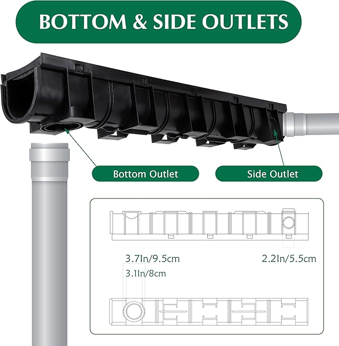 Trench Drain System with Plastic Grate, 6 Packs HDPE Channel Drainage, 39.4" x 5.9" x 5.1" Garden Drain, Total Length 236.4 Inch for Driveway Yard Pool Sidewalk Patio (6, 5.9 x 5.1 Inch)