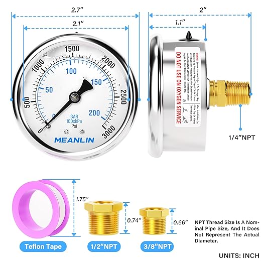 MEANLIN MEASURE 0~3000Psi Stainless Steel 1/4" NPT 2.5" FACE DIAL Liquid Filled Pressure Gauge WOG Water Oil Air Center Back Mount, with 1/4" x 1/2" NPT and 1/4" x 3/8" NPT Hex Bushing