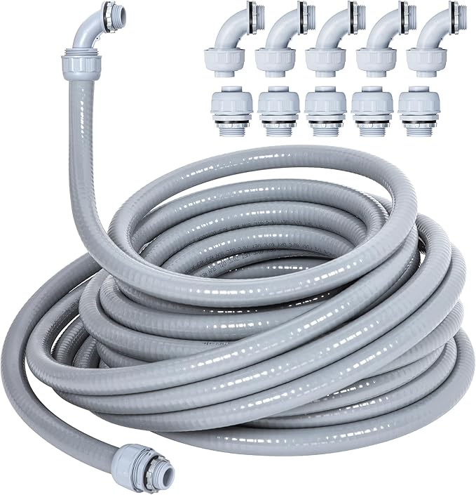 3/4 Inch 25FT Liquid Tight Conduit and Connector Kit, Flexible Non Metallic Electrical Conduit, with 5 Straight and 5 Angle Fittings, Suitable for Outdoor Lighting