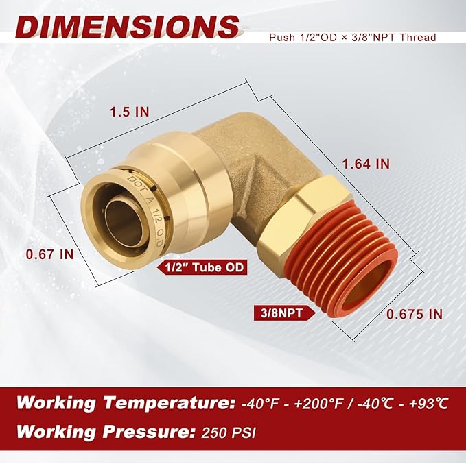 1/2" Quick Push to Connect Fittings Brass 90 Degree Union Swivel Elbow Joint DOT Approved 1/2" Tube OD x 3/8" NPT Thread Air Brake Line Adapter Air Suspension Kit for Car Truck Trailers 5pcs