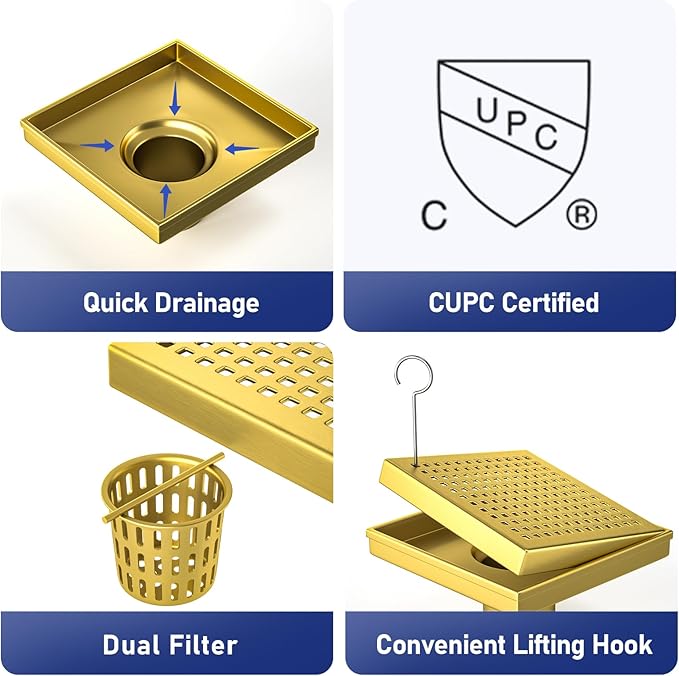 Square Shower Drain 6", 304 Stainless Steel Floor Drain with Grid Drain Cover & Hair Strainer, Shower Drain w/CUPC Certified, Brushed Gold