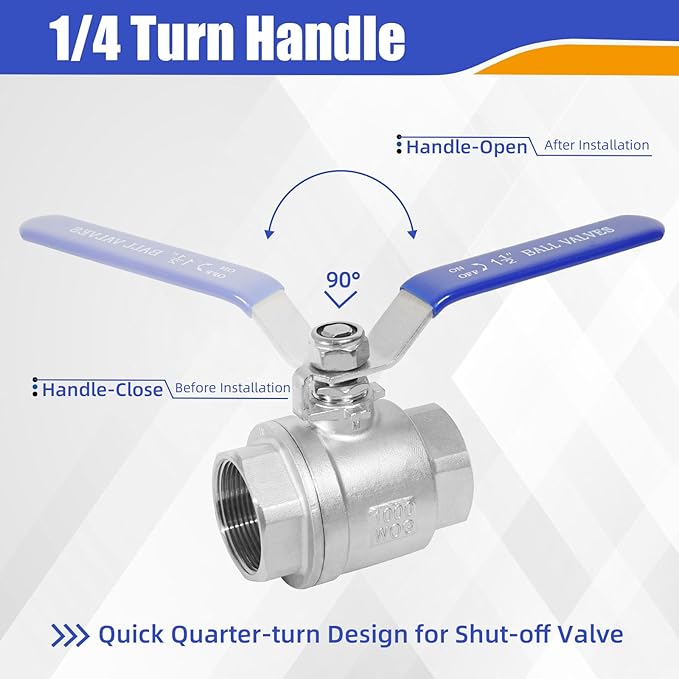 YADIAN 2 Pack 1-1/2'' Ball Valve NPT Female Full Port 304 Stainless Steel 1-1/2 inch Ball Valve Heavy Duty Shut Off Valve for Water, Oil, and Gas with Blue Locking Handles, 1000 WOG