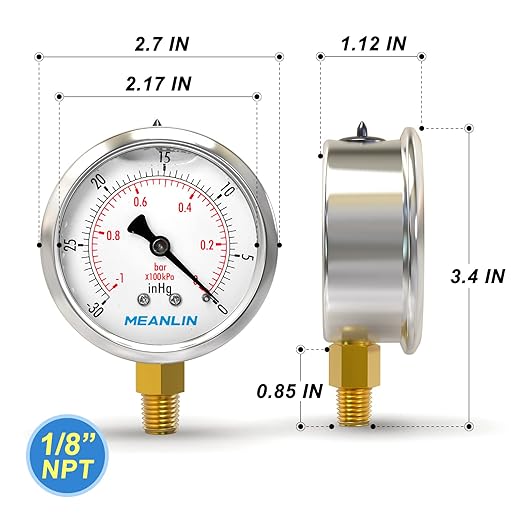 MEANLIN MEASURE -30inHG~0Psi Stainless Steel 1/8" NPT 2.5" FACE DIAL Vacuum Pressure Gauge, Lower Mount, with 1/4" NPT and 3/8" NPT Hex Bushing
