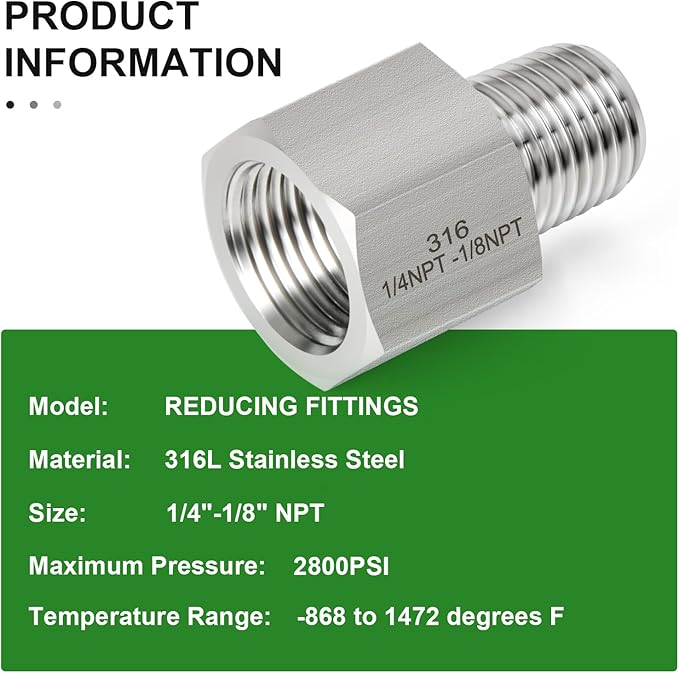 TAISHER 2PCS Forging of 316L Stainless Steel Pipe Fitting, Reducer Adapter, 1/8" NPT Male x 1/4" NPT Female, Reducing Pipe Adapter Fitting