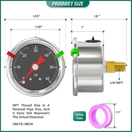 0-60PSI Stainless Steel Glycerin Filled Pressure Gauge 1.5" Black Dial Size, 1/8" NPT Back Mount, for Tube, Water Pump, Gas, Liquid, Pressure Test (with Range Mark Pointer)