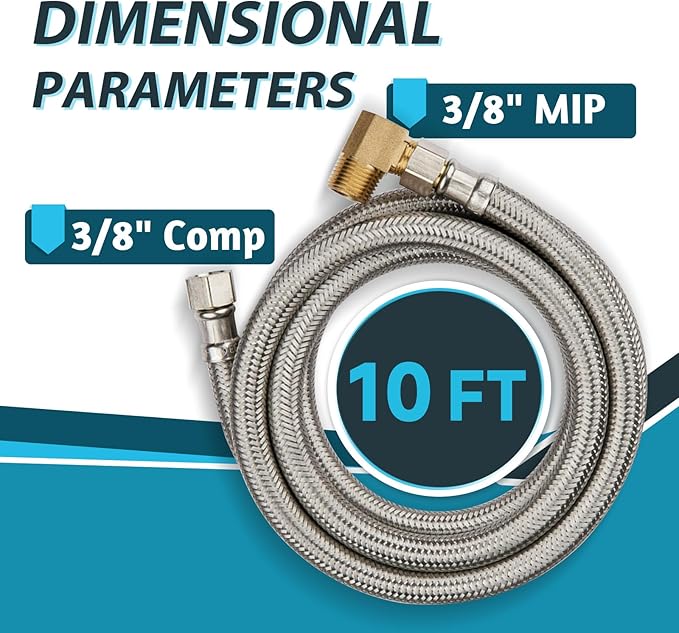 (30 Pack) Seelink 10FT Stainless Steel Dishwasher Hose, 3/8" COMP x 3/8" MIP 90 Degree Elbow, Brust Proof Water Supply Line