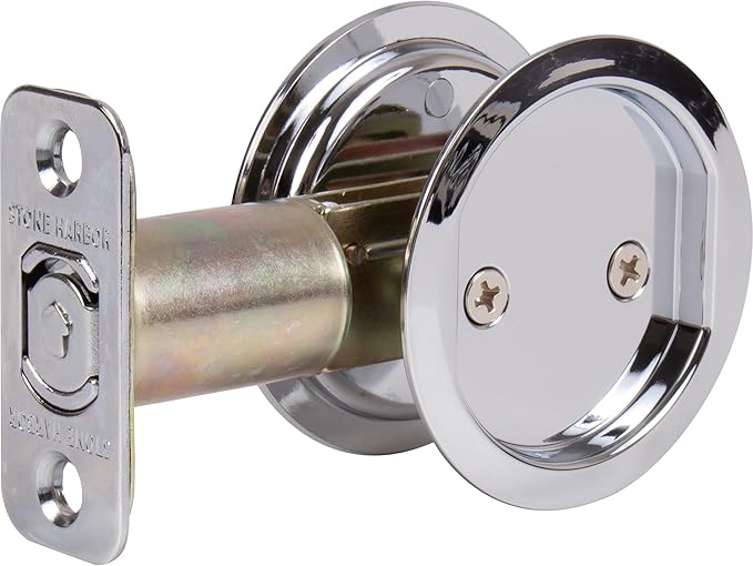 Round Pocket Door Lock, Passage (Hall/Closet) Latch, 2-3/4" Backset, RCL, Polished Chrome by Stone Harbor Hardware