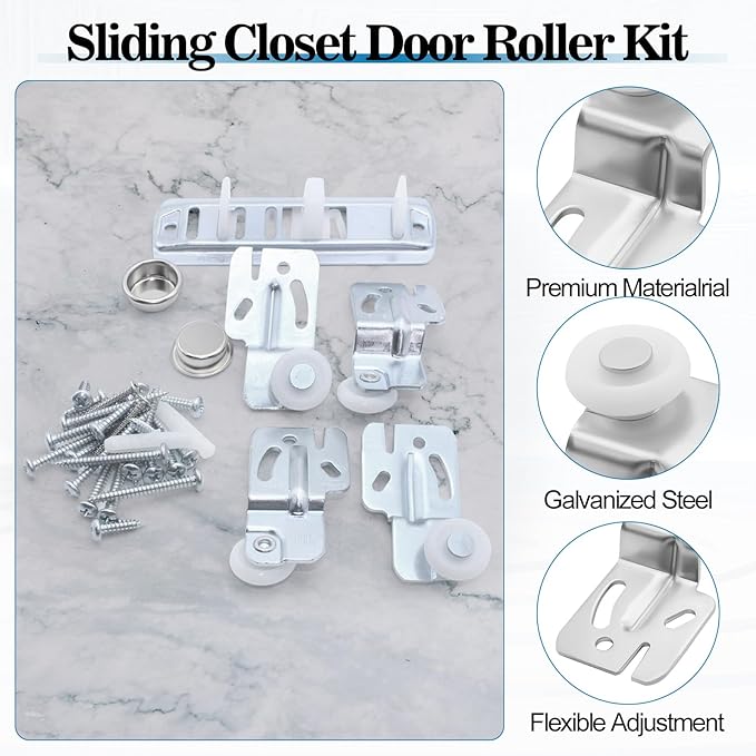 Closet Sliding Door Rolle Kit, Sliding Closet Door Floor Guide, Wardrobe Door Roller with Slide Track, Top-Hung Sliding Doors Hardware Replacement, Fits 3/4" to 1-3/8" in Thick Doors