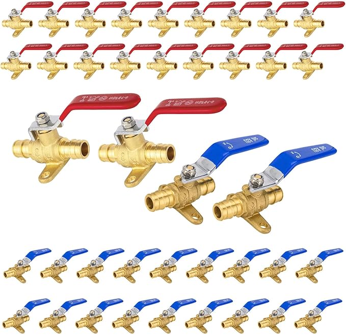 40-Pack Foskan Brass PEX-A Expansion Drop Ear Full Port Ball Valve, 1/2" Shut-off Valve for Hot and Cold Water Distribution(Blue and Red)