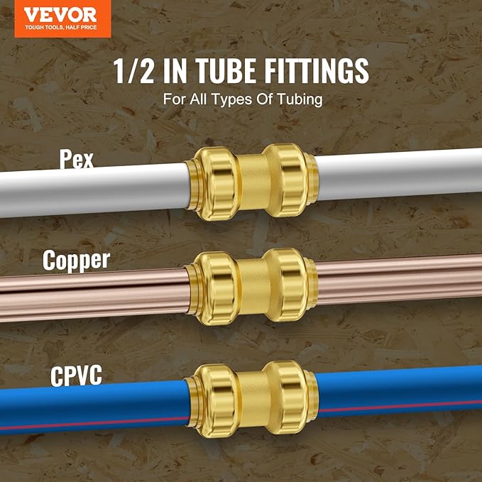 VEVOR Pipe Fittings, 1/2" 12PCS Brass Pipe Fittings, Straight-Through Push-Fit Pipe Connector Brass Air Fittings, Heavy Duty Plumbing Fittings Adapter for Heating/Shower Systems, Water Pipes