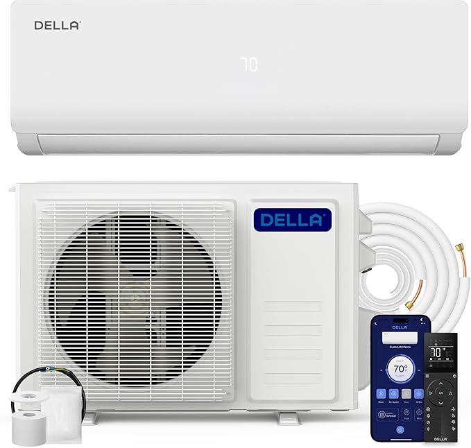 DELLA Vario Series 18000 BTU Wifi Mini Split AC, Work with Alexa 21 SEER2 Cools Up to 1000 Sq.Ft, Energy Efficient 230V Ductless Inverter System with 1.5 Ton Pre-Charged Heat Pump & 16.4ft Kit