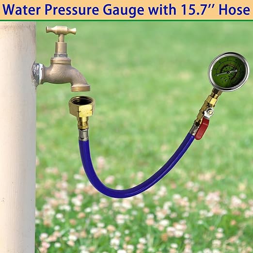 Stainless Steel Water Test Pressure Gauge Kit, Water Pressure Gauge for Home, 3/4" GHT Female Thread Water Pressure Gauge with 15.7'' Hose, 0-200 Psi Pressure Gauge for Home, Industrial, Garden, Blue
