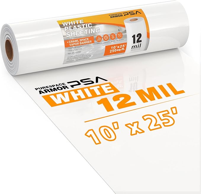 Crawl Space Vapor Barrier, 12 mil 10'x25', White Heavy Duty Plastic Sheeting - Thick Polyethylene Film, 12mil Crawlspace Liner, Drop Cloth Vapor Barrier Covering for Crawlspace and Basement