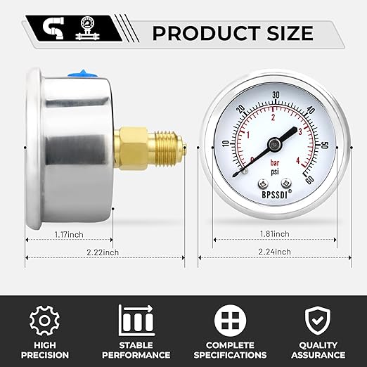 0-60 Psi Low Pressure Gauge, 2" Dial Size, 1/4 NPT Back Mount, Stainless Steel Case for Water Pressure Gauge Test for Water Pipe, HVAC(with Tape)