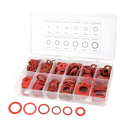 Fiber Flat Washers, Washer Assortment, Insulation Assorted Fiber Washers, High Temperature Rubber Flat Washer, Red Steel Washer Plumbing Kit with Plastic Box, 600pcs, 12 Sizes