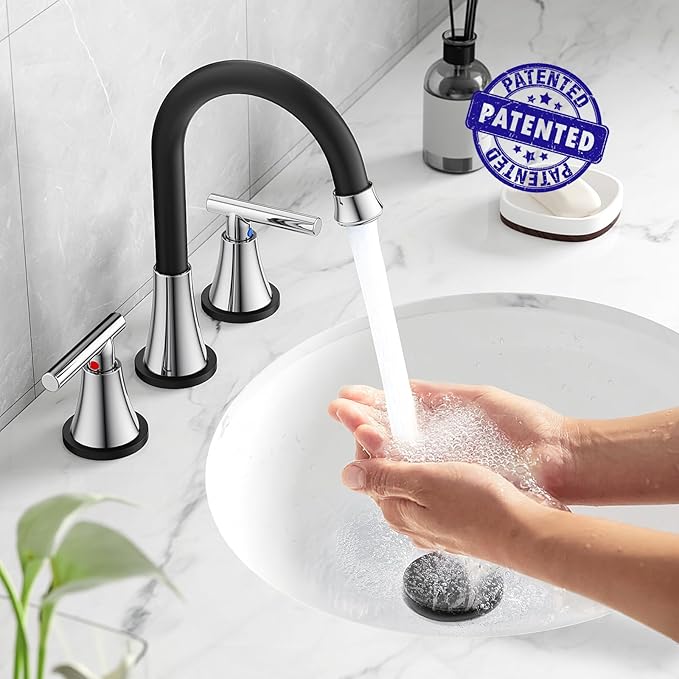 Bathroom Faucets for Sink 3 Hole, Hurran Black& Chrome Bathroom Sink Faucet with Pop-up Drain and Supply Lines, Stainless Steel Lead-Free Widespread Faucet for Vanity RV Farmhouse Sink