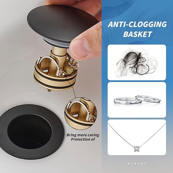 BWE Pop-Up Drain Assembly with Strainer for Bathroom Vessel Vanity Faucet Bathroom Vessel Sink Drain Stopper Without Overflow Sink One-Piece Matte Black