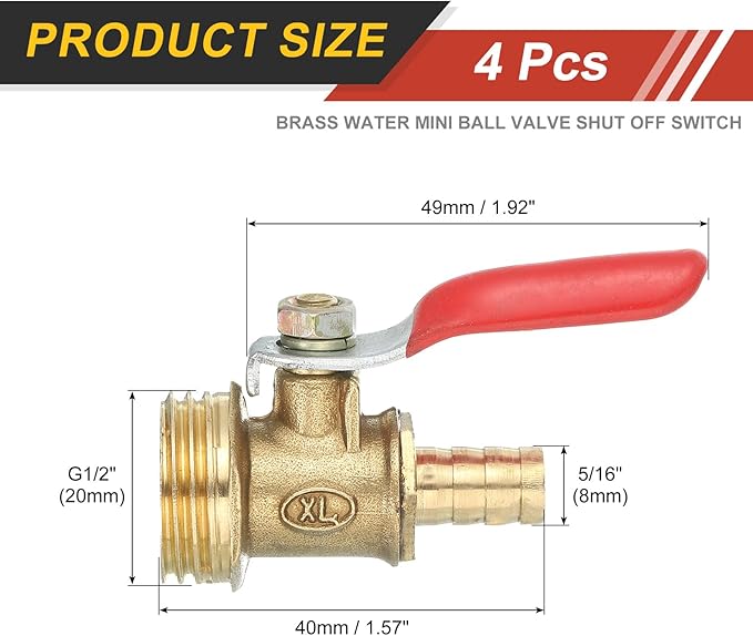 uxcell 4Pcs Brass Water Mini Ball Valve Shut Off Switch, G1/2" Male x 5/16" Hose Barb, 180 Degree Operation Handle, Brass Valve