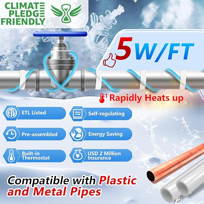 HEATIT 2Ft Heat Tape for Water Pipes, Self-Regulating Heating Cable for Metal and Plastic Pipes, Water Pipe Freeze Protection, Energy-Saving Pipe Heating Cable, ETL Listed, 120V 5W/FT