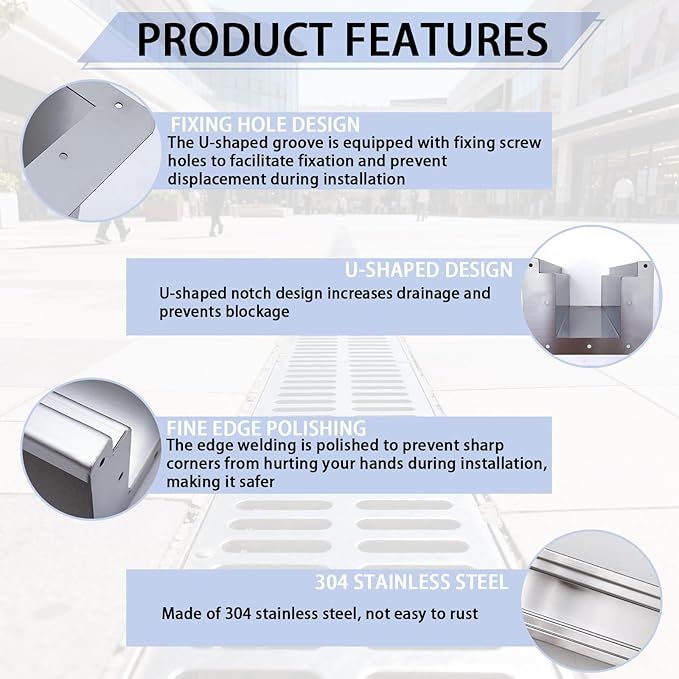 304 Stainless Steel Channel Drain, Durable Trench Drain System with Drain Grate, Deep Profile Channel, Trench Drain Channel for Driveway, Outdoor, Yard, Garage Floor Drain Channel (Silver, 39.4in)