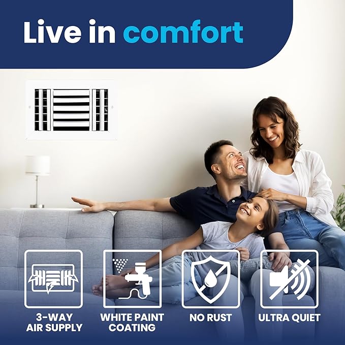 10x6 Inch (Duct Opening) Aluminum 3-Way Air Flow Vent – HVAC Vent Cover for Wall or Ceiling – Quiet HVAC Wall Register with Multi-Shutter Damper – Adjustable Curved Blade - Plastic Seal for Tight Fit