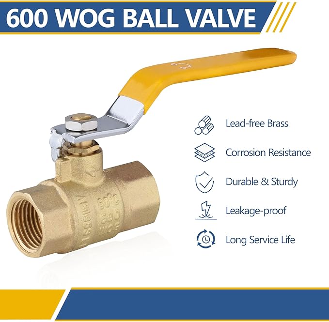 3/4" Heavy Duty Full Port Brass Ball Valve,600 WOG FNPT FIP Threaded Valve for Compressed Air, Water, Plumbing or Oil(10 Pack,Yellow Handle)(VALVE228-10Pack)