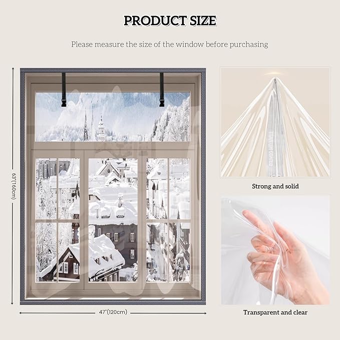 TECUUL Window Insulation for Winter, 47''X63'' Window Insulation Kit Thicken Plastic Transparent Window Film Easy Installation Keep Cold Out Weatherproof Soundproof Thermal Curtain