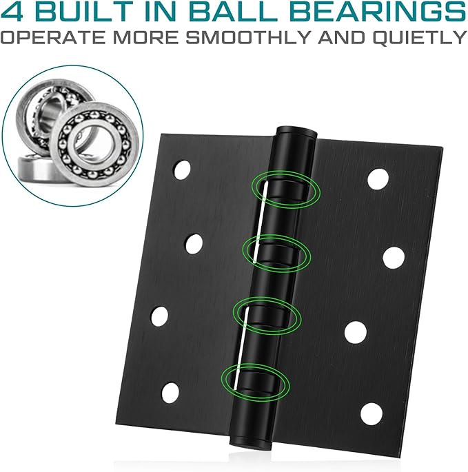12 Pcs 4'' Ball Bearing Door Hinges Stainless Steel Heavy Duty Hinges 4 x 4 Inch Exterior Door Hinges with Square Corners (Black)