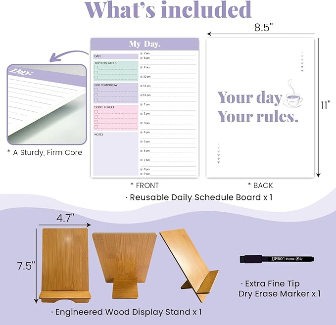 JJPRO Reusable Desktop Daily Planner with Stand,Hourly Dry Erase Board,11"x8.5"Schedule Board,Dry Erase Time Schedule with Time Slots, Desk Hourly Dry Erase Board w/Engineered Wood Stand-Purple