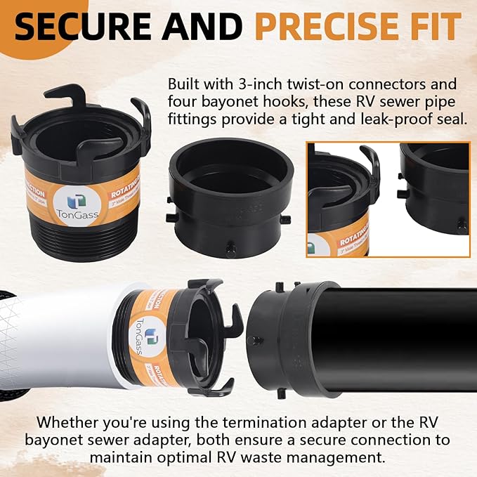 TonGass RV Sewer Pipe Adapter 3" Rotating Rigid Bayonet Adapter with Male Thread & Hooks, Termination Fitting with 3" Bayonet & Hub, RV Sewer Hose Connector for Waste Disposal - Black