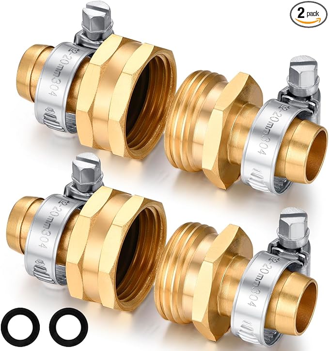 Garden Hose Repair Connector with Clamps Hose End Repair Kit,5/8" Barb Garden Hose Fittings Male and Female brass garden hose ends (5/8"Barb-2 Set)