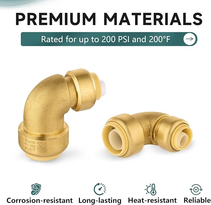 (Pack of 100) Niikappu 3/4 Inch x 1/2 Inch Reducing Elbow Brass Fitting, Push to Connect Plumbing Brass Fittings, PEX, Copper, CPVC, PE-RT Pipes