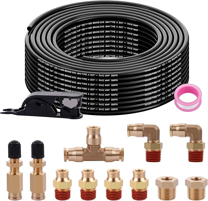 50FT 1/4 Air Hose Brass Fittings Kit 11pcs 1/4" OD Quick Push to Connect DOT Brass Fittings 1/4 SAE J844 PA12 Nylon Air Line Tubing with Cutter for Air Suspension Kit Truck Trailer Brake System