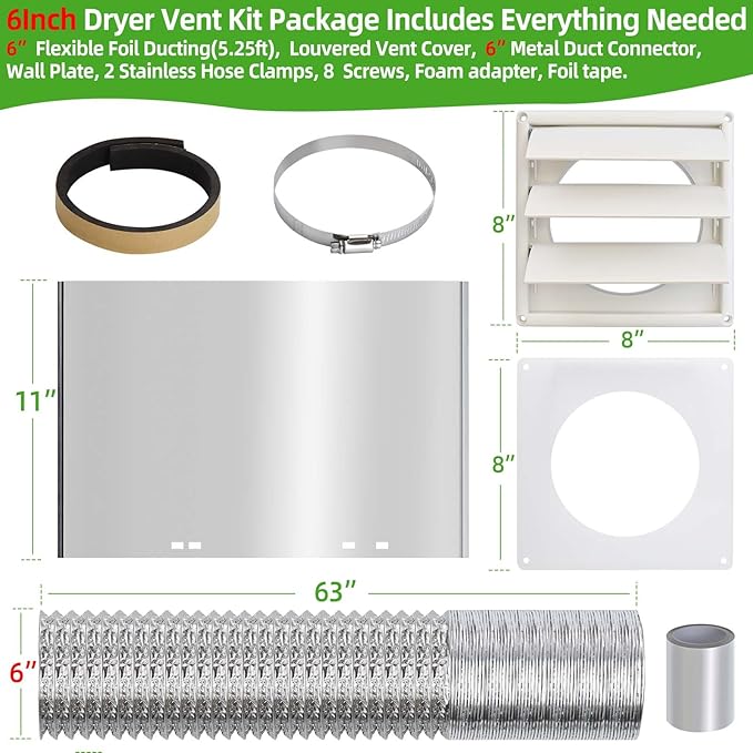 6" Dryer Vent Kit with Hose/Duct Connector/Wall Plate, Dryer Vent Hose Connector Wall Ducting Kit for Bathroom Ventilation Fans Exhaust,Ceiling Washer Air Circulation