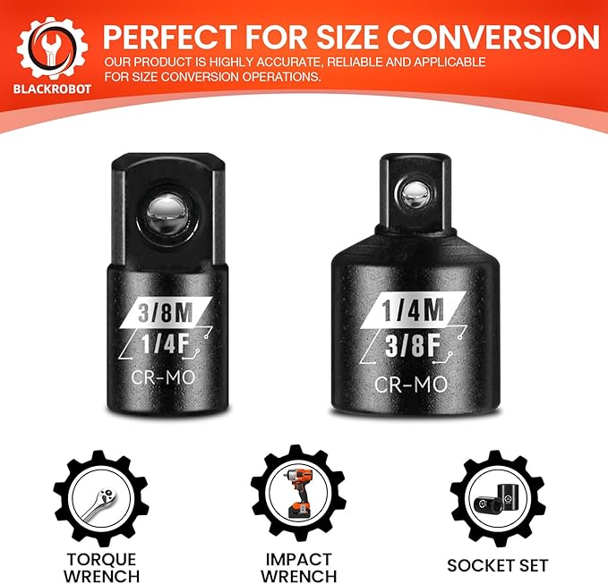 BLACKROBOT 2PCS Socket Adapter and Reducer Set, 3/8" to 1/4" & 1/4" to 3/8" Impact Socket Set, SAE Drive Cr-Mo Steel Exceeds ANSI Standards, Square Drive for Impact Driver Wrench
