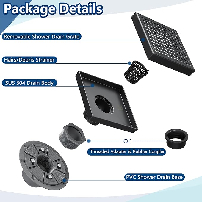 Neodrain 6 Inch Square Shower Drain, 304 Stainless Steel Bathroom Drainage with Removable Quadrato Pattern Grate, PVC Shower Drain Base, Hair Strainer for Bathroom Floor Drains, Matte Black