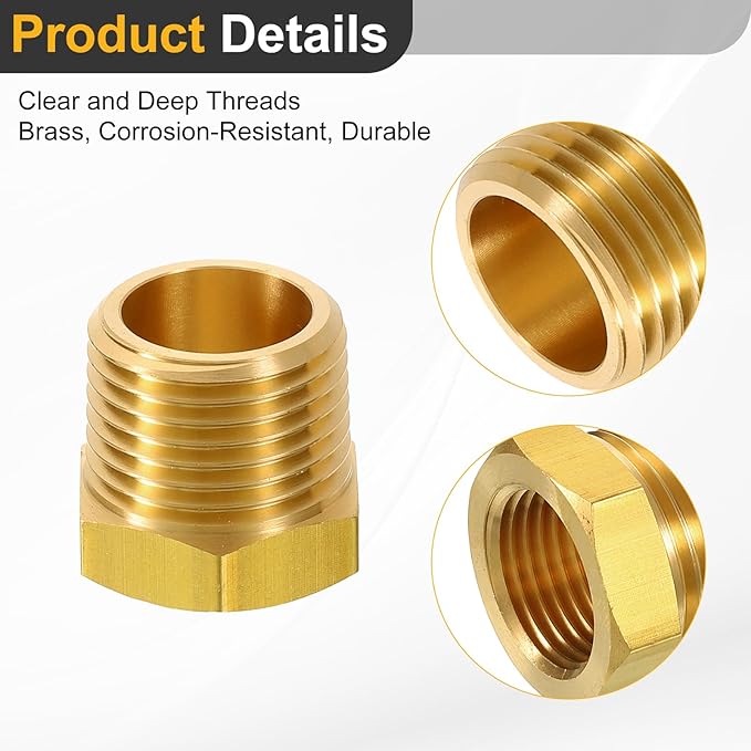 uxcell 2Pcs 1/2 NPT Male x 3/8 NPT Female Brass Reducer Hex Bushing Threaded Pipe Fitting, Brass Threaded Pipe Fitting Adapter for Water, Gas, Oil Pipeline Systems