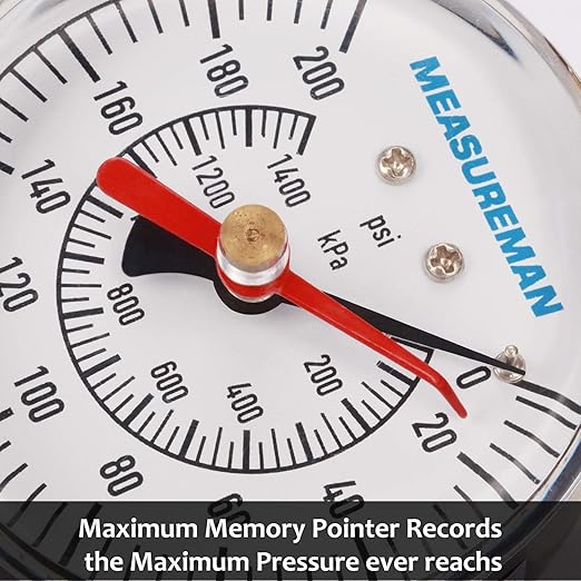 MEASUREMAN 2-1/2" Water Pressure Test Gauge, 3/4" Female Hose Thread, 0-200 psi/kpa with Maximum Pressure Memory