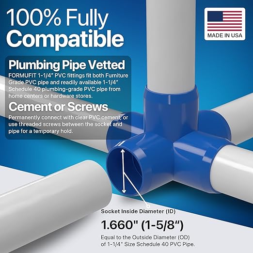 FORMUFIT 1-1/4" 5-Way Cross Furniture Grade PVC Fitting in Blue, Made in USA, UV-Resistant, Impact-Proof, 1.66” Actual Socket Diameter (Pack of 4) - F1145WC-BL-4