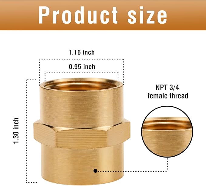FNPT 3/4 Brass Hex Coupler, Female Pipe Fittings for Water/Oil/Gas Line,2PCS