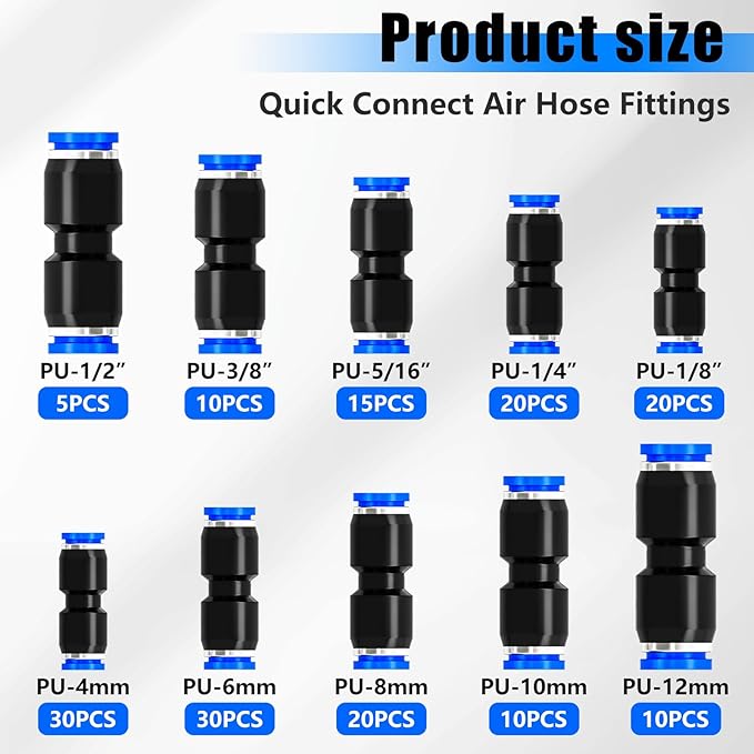 mxuteuk 170PCS Quick Connect Air Hose Fittings,1/8 1/4 5/16 3/8 1/2 inch & 4/6/8/10/12mm Straight Push to Connect Fittings,Quick Release Pneumatic Air Line Fitting