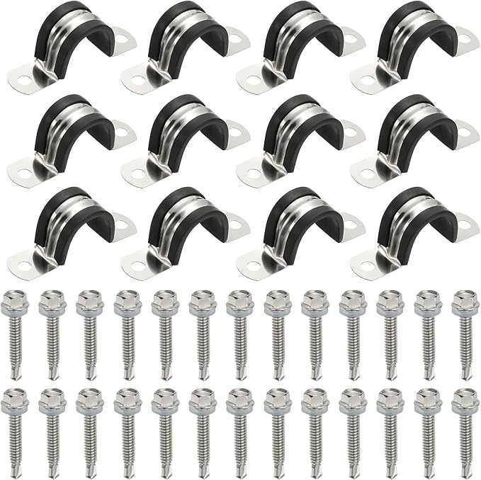 PATIKIL 12Pcs Pipe Clamps, 7/8 Inch 304 Stainless Steel Rubber Cushioned U Bracket Conduit Clamps Pipe Strap Wire Clips with Hexagonal Screw for Tube Hose Cord Installation, 22mm