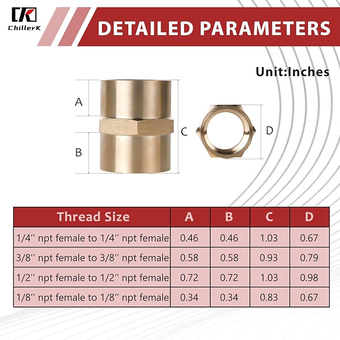 Hex Couplings, 1/4" NPT Female To Female Brass Hex Nipple Adapters, Brass Pipe Extension Fittings for Oil/Air/Water/Gas Systems. (12 Pack)