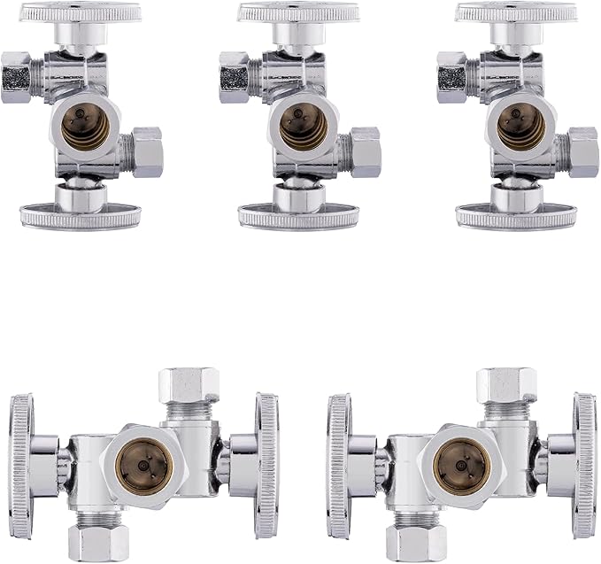 5-Pack Foskan Dual Compression 1/4 Turn Angle Stop Valve with 2 Shut Off Valve/Handles,1/2" NOM (5/8" OD) x 3/8" OD x 3/8" OD,Chrome Plated Brass
