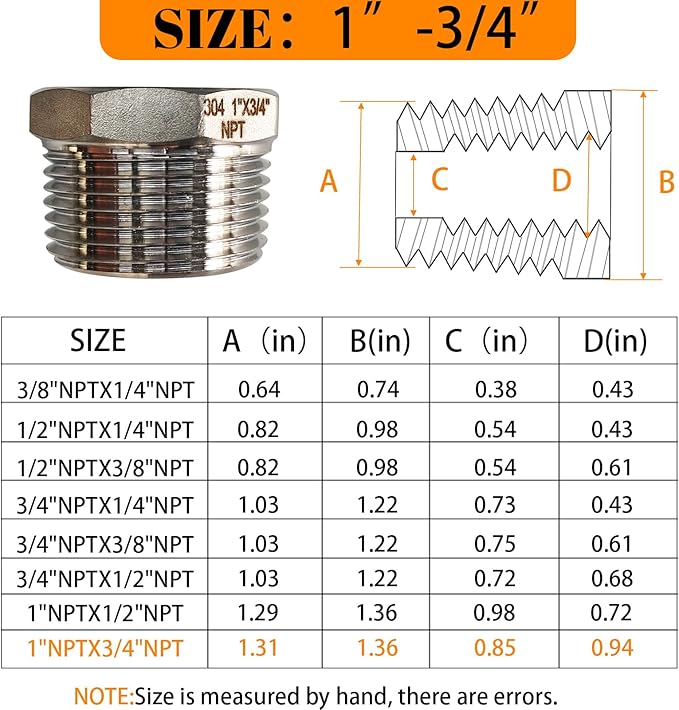 2 Pcs Stainless Steel Bushing 1" Male to 3/4" Female, 1" to 3/4" NPT Adapter Hex Stainless Steel Reducing Pipe Adapter Fitting Pipe Tube Adapter Convert